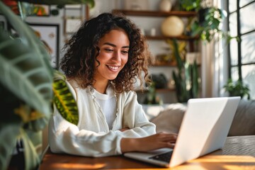 Young happy latin woman, smiling curly casual girl student using tablet and laptop elearning or hybrid working at home online looking at tab device sitting at table in living room, Generative AI - obrazy, fototapety, plakaty