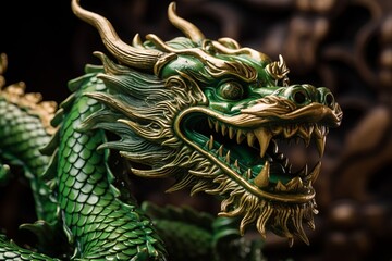 Chinese green dragon on dark background - 708617563