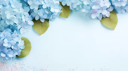 Keuken spatwand met foto Hydrangea background copy space blue background Floral background delicate composition for greeting cards, isolated flowers on a blue background. Copy space © ТаtyanaGG