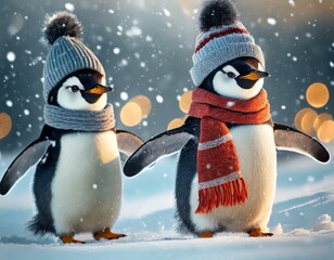 Pinguinos que caminan bajo la nieve cuando está nevando. Tienen gorras y bufandas de lana para abrigarse