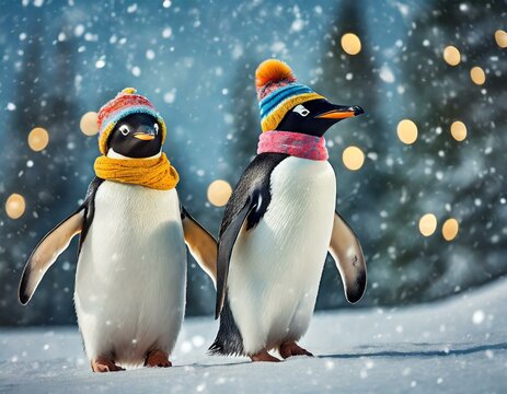 Pinguinos que caminan bajo la nieve cuando est&aacute; nevando. Tienen gorras y bufandas de lana para abrigarse