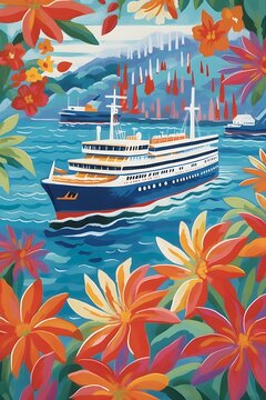 Cruise ship, In the style of matisse, gouache, mediterannean, flowers, colorful, painterly, very beautiful