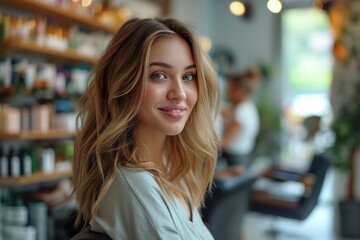 Obraz premium Young woman with straight, thick blonde hair, looks sideways at the camera with a smile, copy space to the right, inside a store.