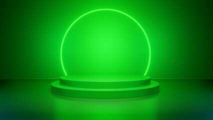 Green podium with green neon circles. Futuristic platform for your product display. Green display stand.