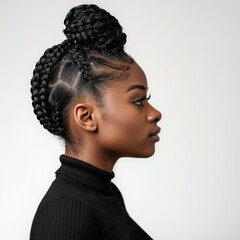 Young African American black woman, poses in profile with a bun in her hair, against white background.