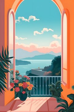illustration of a window with amalfi coast view matisse style