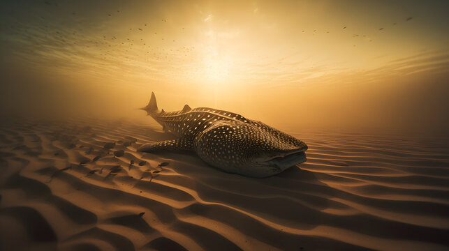 whale shark in the desert at sunset underwater