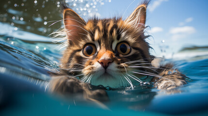 Cat swims in the pool.Summer