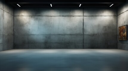 Interior of the gallery with a concrete floor and an empty grey wall, Generative AI.