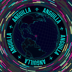 Anguilla on globe. Satellite view of the world centered on Anguilla. Bright neon style. Futuristic radial bricks background. Charming vector illustration.