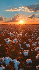 Sun Setting Over Field of Cotton Plants