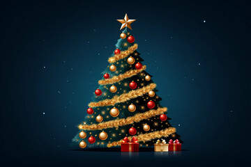 Illustration of decorated Christmas tree on a night sky background ,3d Rendering decorated Christmas tree with toys and gifts