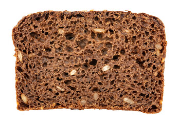 Slice of rye bread with seeds on a white background. Homemade baking. Bread isolate