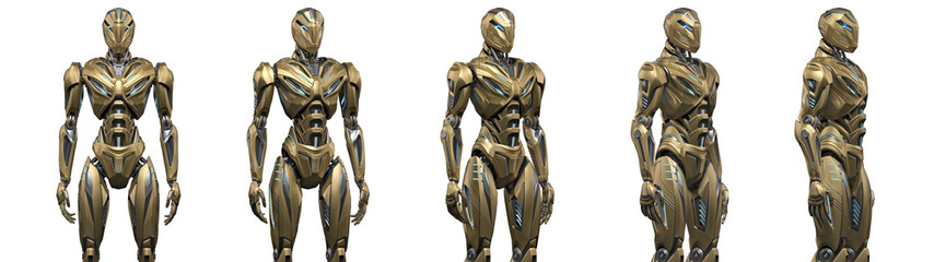 Futuristic alien robot or very detailed sci fi cyborg standing. Full body. Collage or set of five different angles. Isolated on transparent background. 3d render
