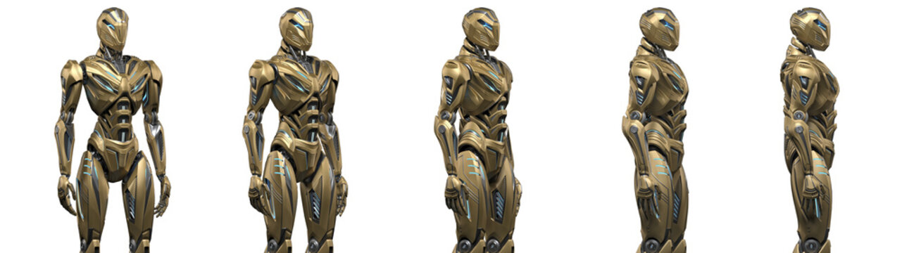Futuristic alien robot or very detailed sci fi cyborg standing. Full body. Collage or set of five different angles. Isolated on transparent background. 3d render