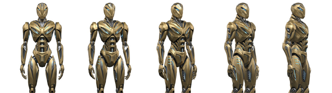 Futuristic alien robot or very detailed sci fi cyborg standing. Full body. Collage or set of five different angles. Isolated on transparent background. 3d render