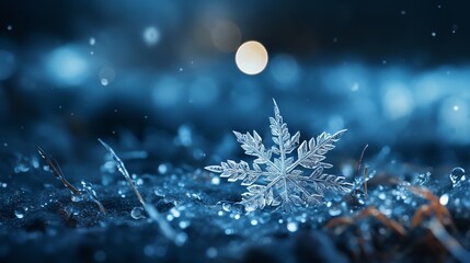 On an icy winter's night, snowflake ice crystals descending upon plants and frozen ground, Generative AI. - obrazy, fototapety, plakaty