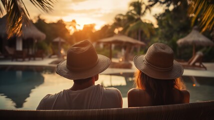 On summer vacation, a young couple is lounging by a tropical resort pool and taking in the sunset, Generative AI. - obrazy, fototapety, plakaty