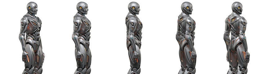 Futuristic robot man or very detailed cyborg standing. Full body. Collage or set of five different angles. Isolated on transparent background. 3d render