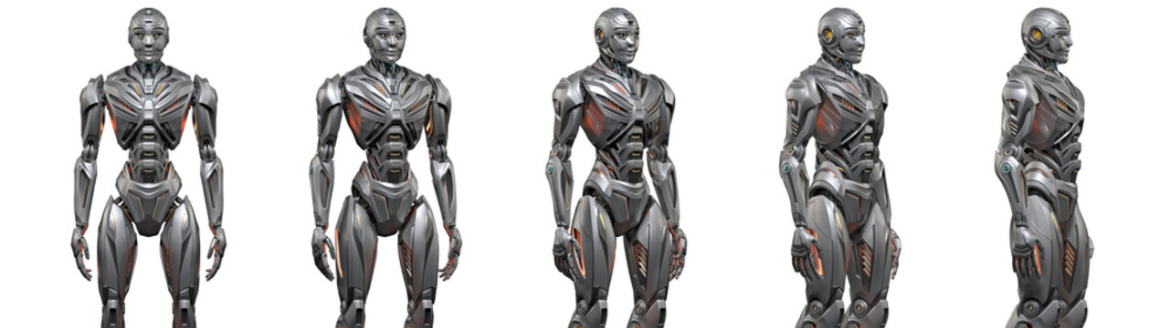 Futuristic robot man or very detailed cyborg standing. Full body. Collage or set of five different angles. Isolated on transparent background. 3d render