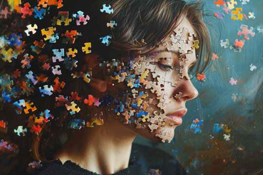 Woman head fragmented with many puzzle pieces. Mental disorder and chaos in consciousness, self identity concept