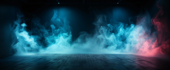 Background of an empty room with smoke and neon light