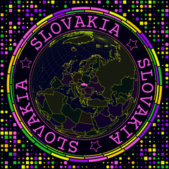 Futuristic Slovakia on globe. Bright neon satellite view of the world centered on Slovakia. Geographical illustration with shape of country and geometric background. Cool vector illustration.