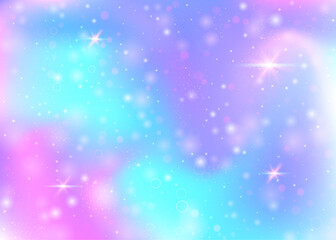 Holographic background with rainbow mesh. Girlish universe banner in princess colors. Fantasy gradient backdrop with hologram. Holographic magic background with fairy sparkles, stars and blurs.