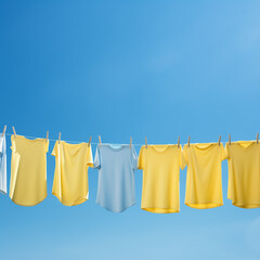
Pastel blue background, yellow T-shirts with short sleeves are drying on a clothesline
