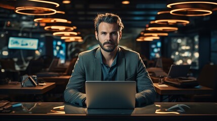 Picture of a seated, productive developer using a laptop, database optimization in office, Generative AI.