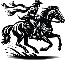 Fototapeta na wymiar Cowboy Riding On A Horse Logo Monochrome Design Style