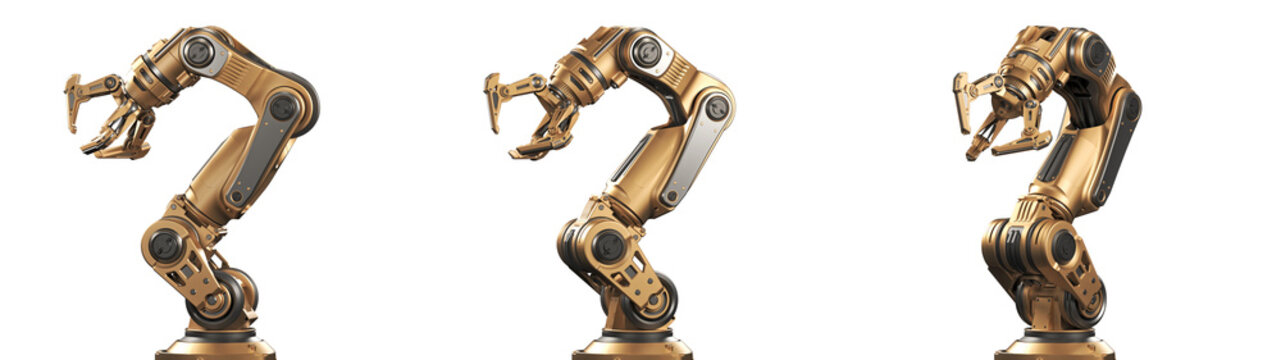 Robotic arm or yellow mechanical hand computing different movements. Industrial robot manipulator. Futuristic technology. Collage or set of three positions. 3d rendering isolated on transparent