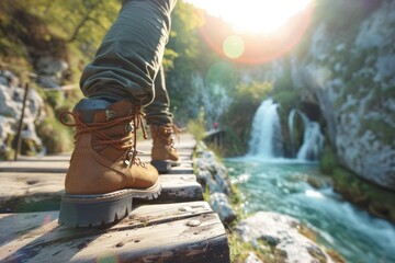 Wandering the Plitvice Trails: A detailed glimpse of a tourist's feet exploring the limestone boardwalks of Plitvice in Croatia, surrounded by cascading waterfalls and the untouched beauty of nature.
 - obrazy, fototapety, plakaty