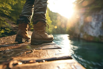Wandering the Plitvice Trails: A detailed glimpse of a tourist's feet exploring the limestone boardwalks of Plitvice in Croatia, surrounded by cascading waterfalls and the untouched beauty of nature.
 - obrazy, fototapety, plakaty