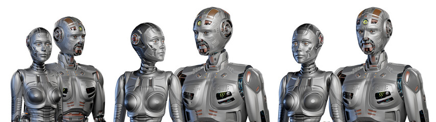 3d render of two detailed futuristic robots man and woman looking at each other while staying together. Upper bodies view isolated on transparent background. Set or collage of three poses. - obrazy, fototapety, plakaty
