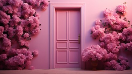 Pink wall with empty space and a gorgeous large flower arrangement on the pink door, Generative AI.