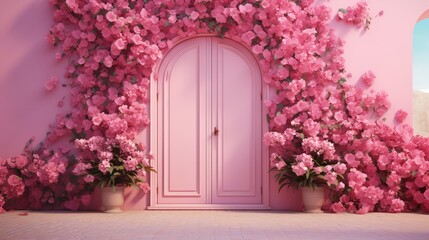 Fototapeta na wymiar Pink wall with empty space and a gorgeous large flower arrangement on the pink door, Generative AI.