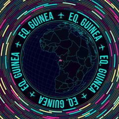 Equatorial Guinea on globe. Satellite view of the world centered on Equatorial Guinea. Bright neon style. Futuristic radial bricks background. Astonishing vector illustration.
