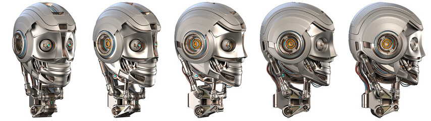 Futuristic robot head or very detailed humanoid face. Collage or set of five different angles. Isolated on transparent background. 3d rendering