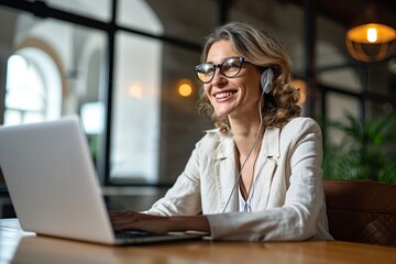 Happy mid aged business woman having hybrid meeting working in office. Busy mature female corporate executive, hr manager communicating by conference call, remote online job interview, Generative AI - obrazy, fototapety, plakaty