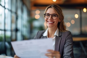 Smiling mature business woman hr holding cv at job interview. Happy mid aged professional banking financial manager, insurance agent, lawyer consulting clients at work corporate meeting, Generative AI - obrazy, fototapety, plakaty
