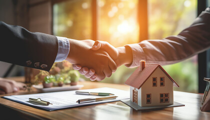 
The real estate agent discussed the home purchase terms and requested the customer to sign the documents to finalize the contract legally. This relates to the sale and insurance of homes - obrazy, fototapety, plakaty