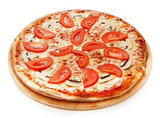 Homemade Italian pizza with cheese, champignons, and tomatoes close-up on a wooden board. Isolated.