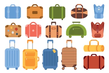 Foto op Canvas Set of suitcases, bags and backpacks for travel. Various kinds of travel luggage. Family traveling suitcases, cabin luggage and check in baggage. Vector illustration in flat design. © Ann