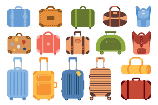 Set of suitcases, bags and backpacks for travel. Various kinds of travel luggage. Family traveling suitcases, cabin luggage and check in baggage. Vector illustration in flat design.