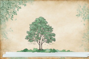 vintage watercolor backdrop with trees, ornate frame, botanical notes, aged paper designs for wedding cards and invitations