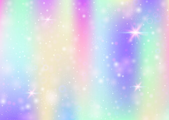 Fototapeta na wymiar Hologram background with rainbow mesh. Mystical universe banner in princess colors. Fantasy gradient backdrop. Hologram magic background with fairy sparkles, stars and blurs.