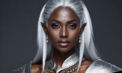 Beautiful silver haired dark elf girl. Dark elf girl in silver dress on black background. - obrazy, fototapety, plakaty