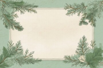 greeting card with fir tree branches, vintage green background, framework, floral notes, aged paper designs, for cards and invitations, wedding