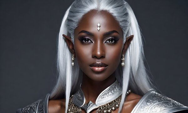 Beautiful silver haired dark elf girl. Dark elf girl in silver dress on black background.